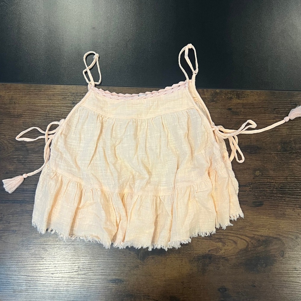 Aerie Womens Small Peach/Pink Cotton Gauze Boho Tiered Cami Top Tassel Side Ties